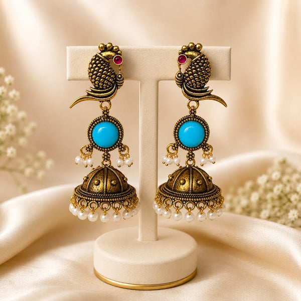 Antique Gold Parrot Jhumka Earrings with Turquoise Stone & Pearl Drops