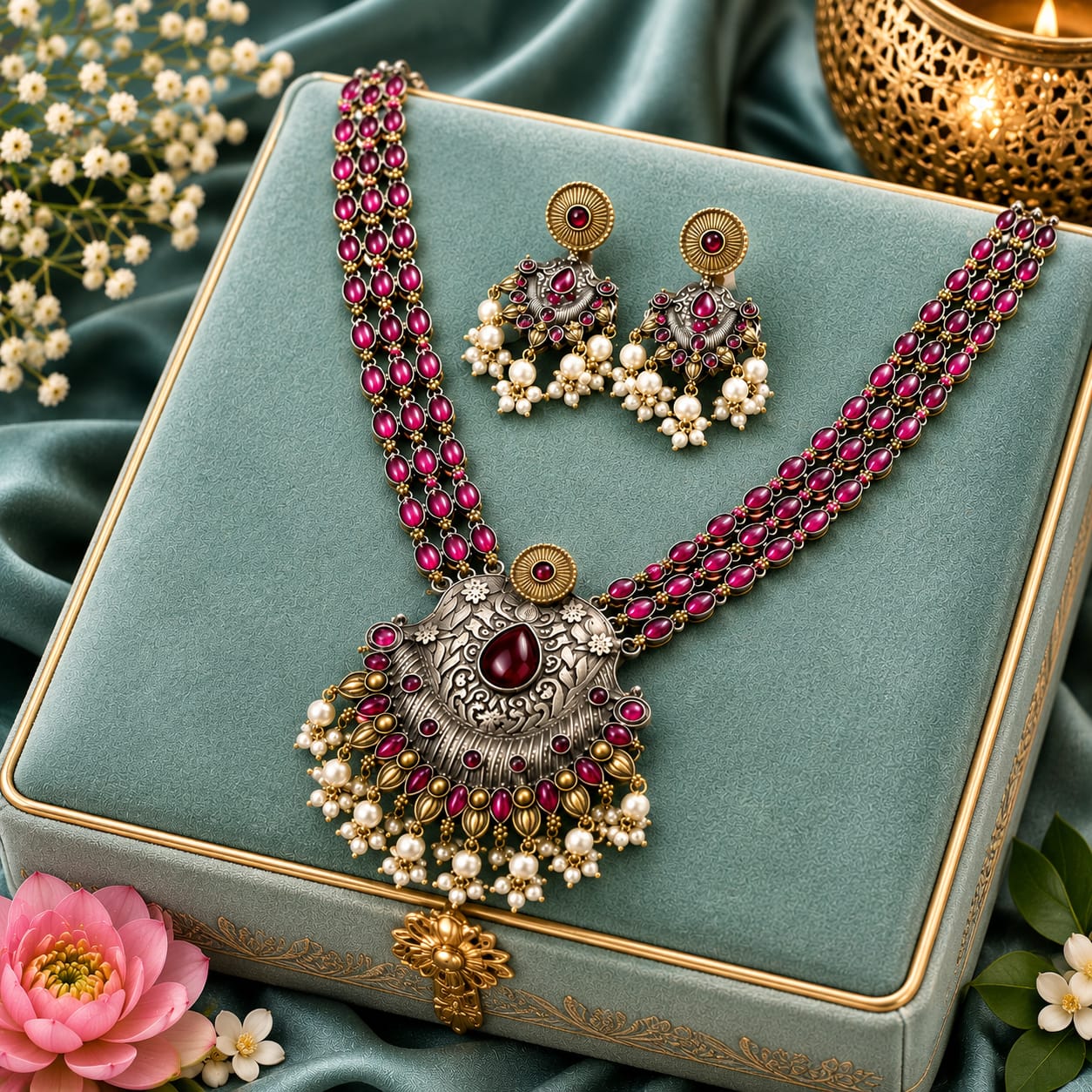 Oxidised Ruby Red Gemstone Long Necklace Set with Jhumka Earrings