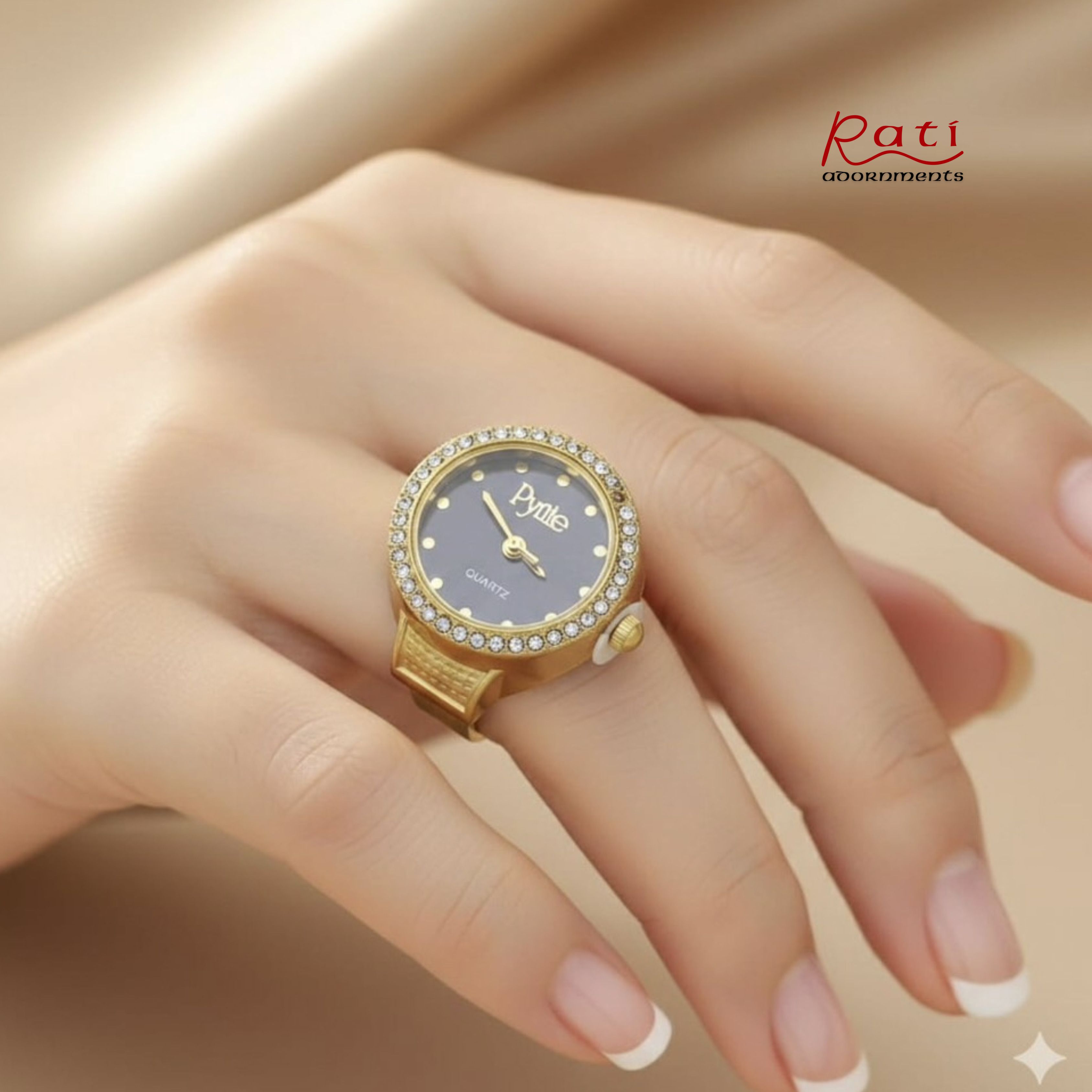 Gold CZ Bezel Quartz Ring Watch