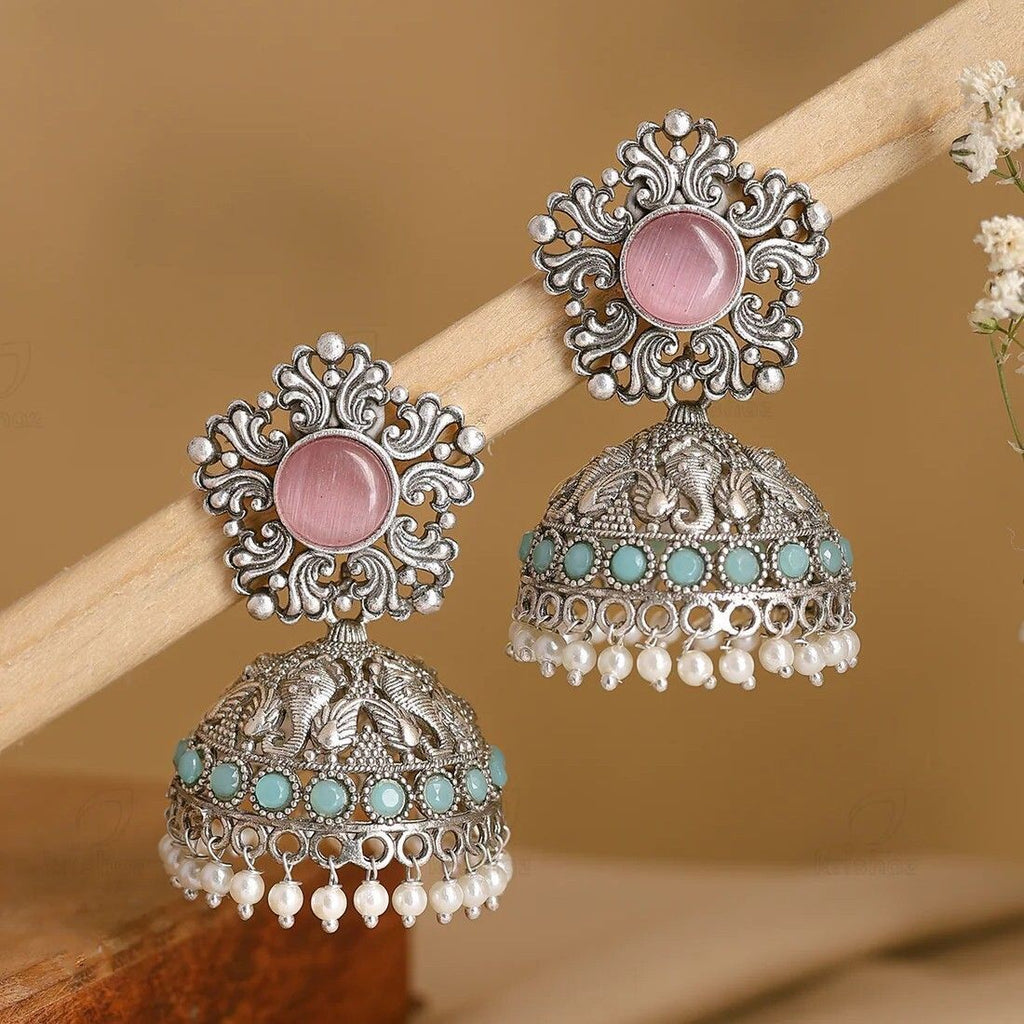 Silver Ganesha Jhumki Earrings with Rose Pink Stone & Turquoise Drops