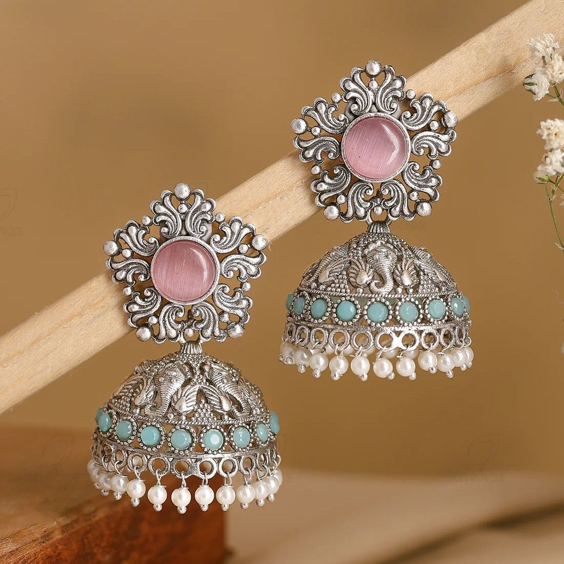Silver Ganesha Jhumki Earrings with Rose Pink Stone & Turquoise Drops