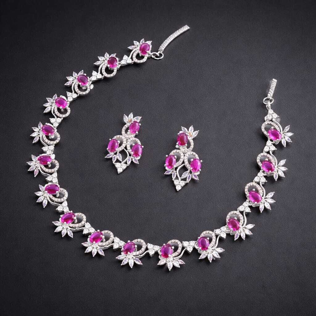 Ruby Red & CZ Diamond Floral Necklace & Earring Set