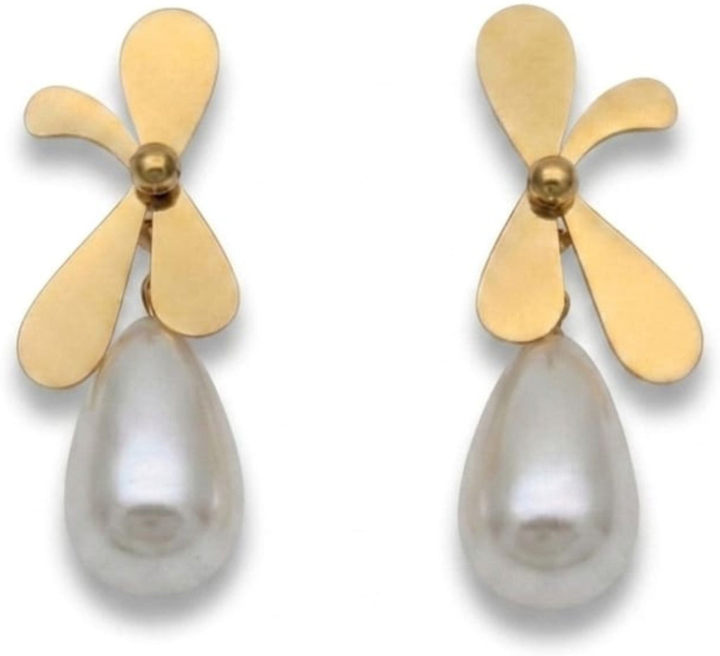 Gold Flower Pearl Drop Earrings, Matte Petal & Teardrop Pearl