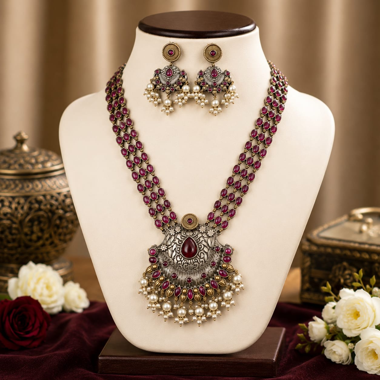 Oxidised Ruby Red Gemstone Long Necklace Set with Jhumka Earrings