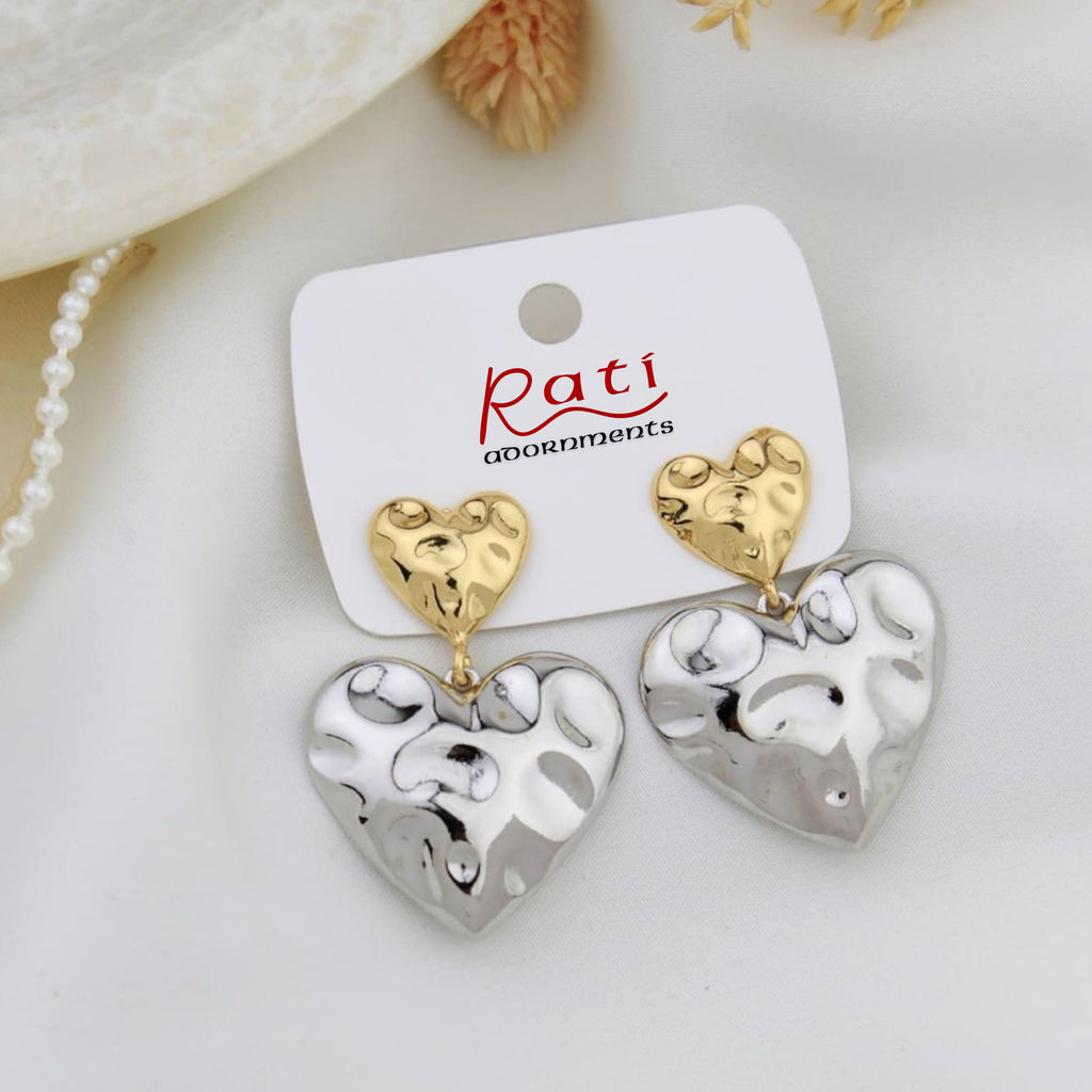 Two-Tone Heart Drop Earrings – Gold & Silver Hammered Duo