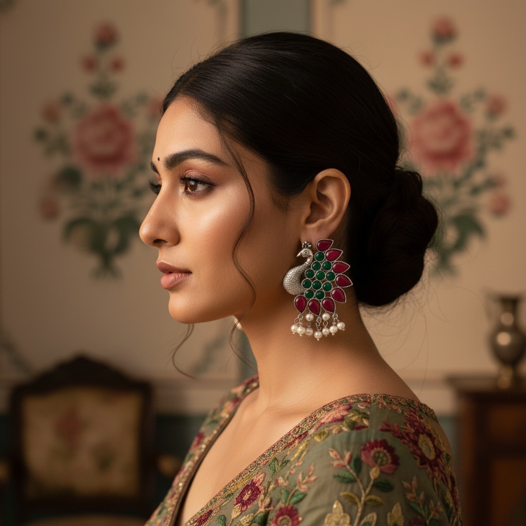 Ruby Green Peacock Oxidised Silver Earrings with Pearl Drops