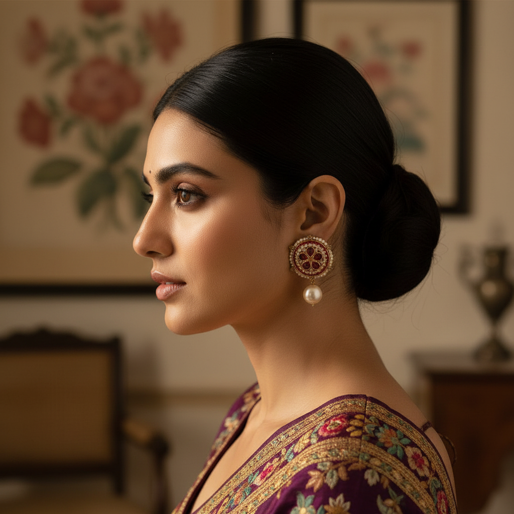Ruby Kundan Meenakari Disc Earrings with Pearl Drop
