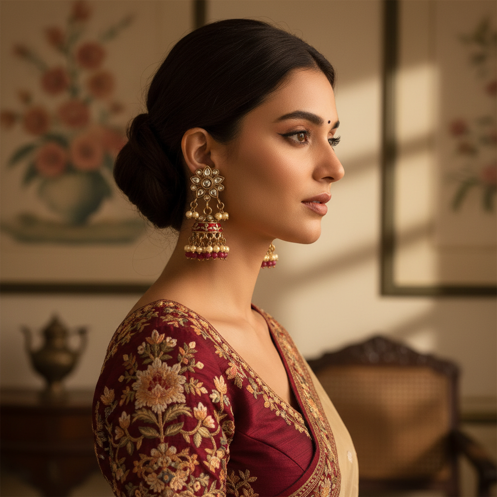 Kundan Meenakari Double Layer Jhumka Earrings with Pearl & Ruby Drops