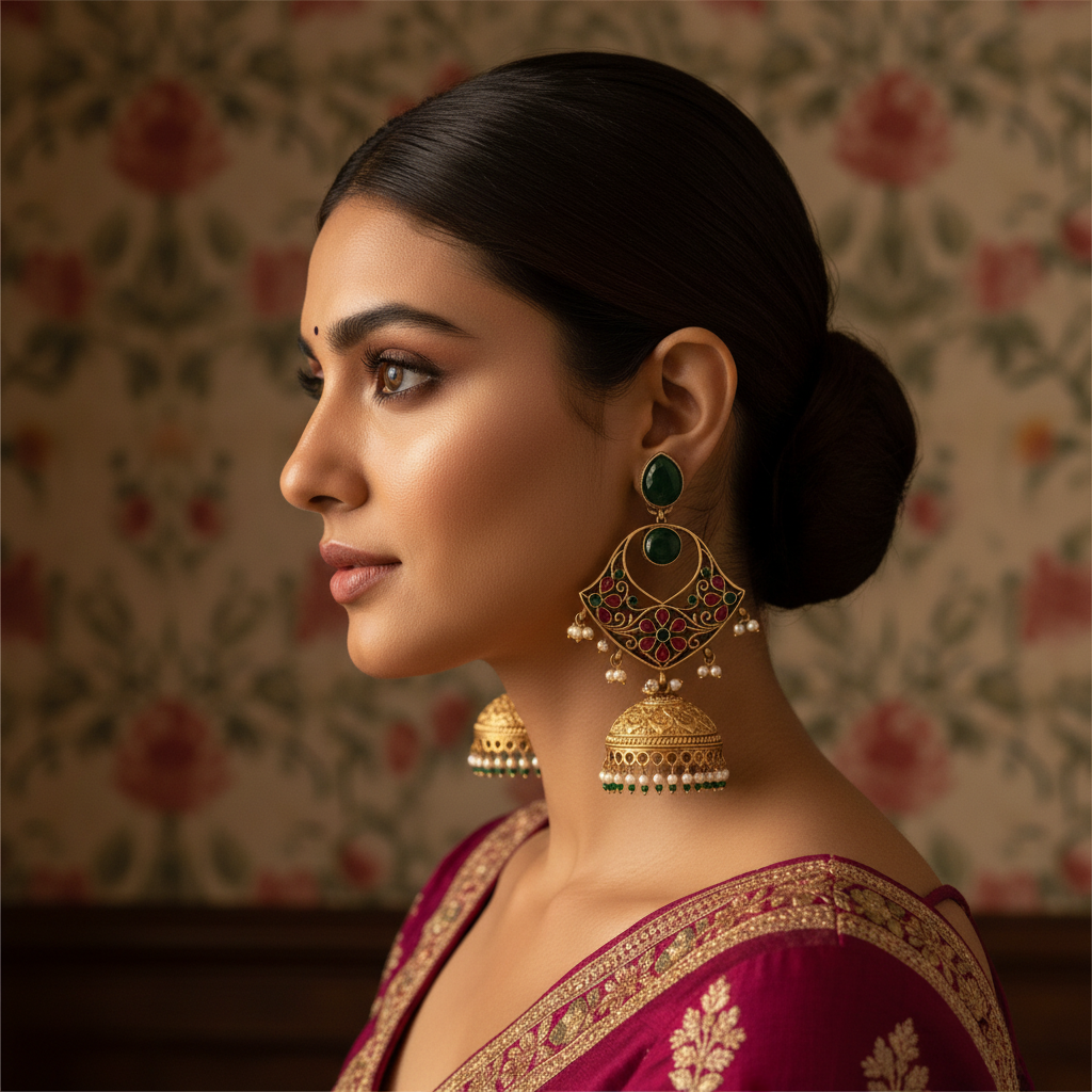 Emerald Green Meenakari Chandbali Jhumka Earrings with Pearl Drops