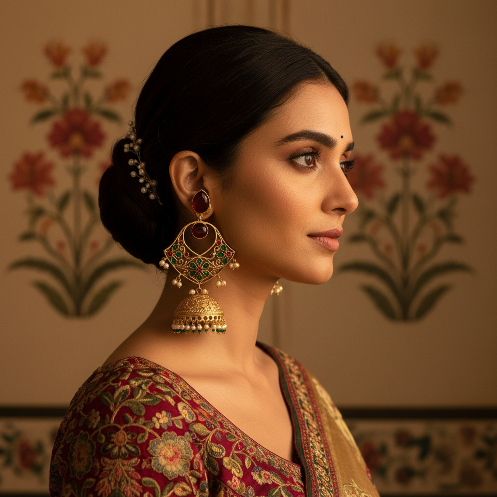 Ruby Red Meenakari Chandbali Jhumka Earrings with Pearl Drops