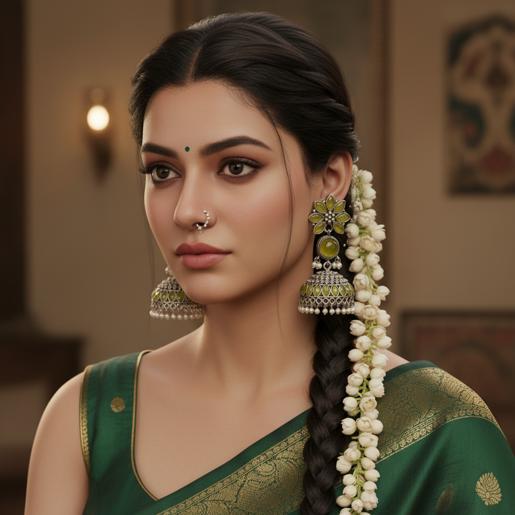 Olive Green Oxidised Silver Jhumka Earrings with Pearl Drops