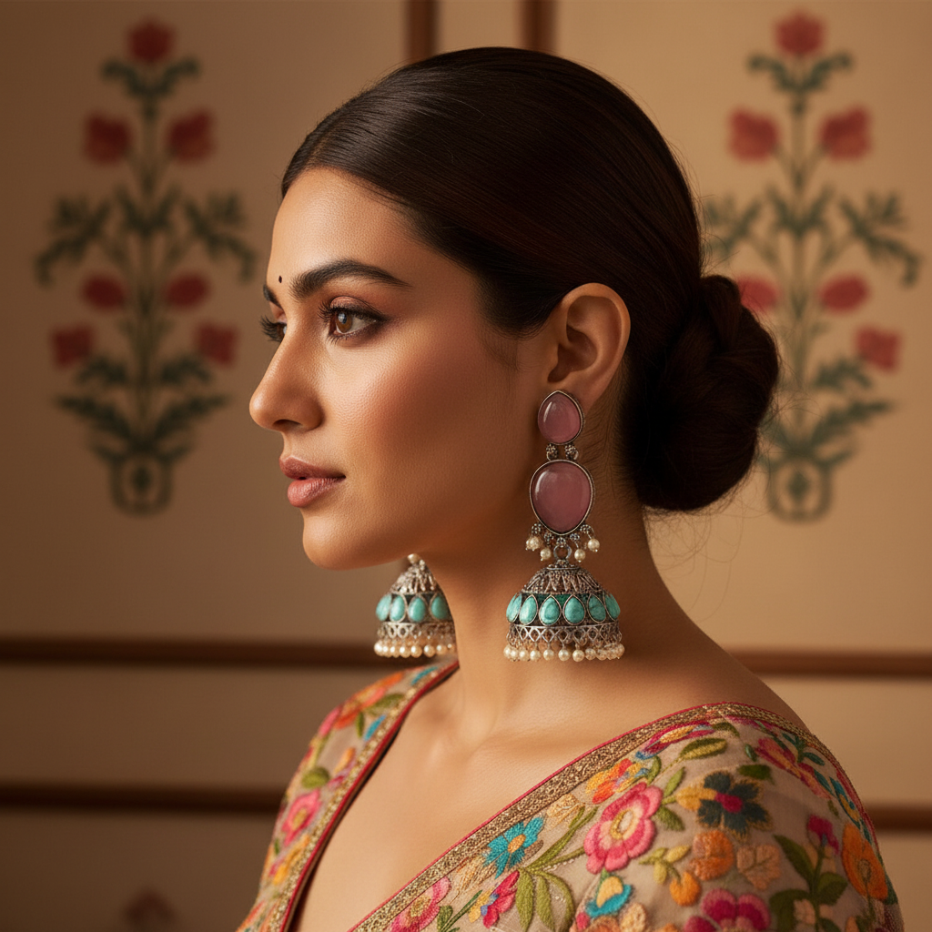Rose Pink & Turquoise Oxidised Silver Jhumka Earrings with Pearl Drops
