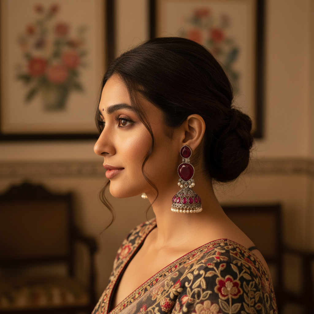 Deep Ruby Oxidised Silver Jhumka Earrings with Pearl Drops