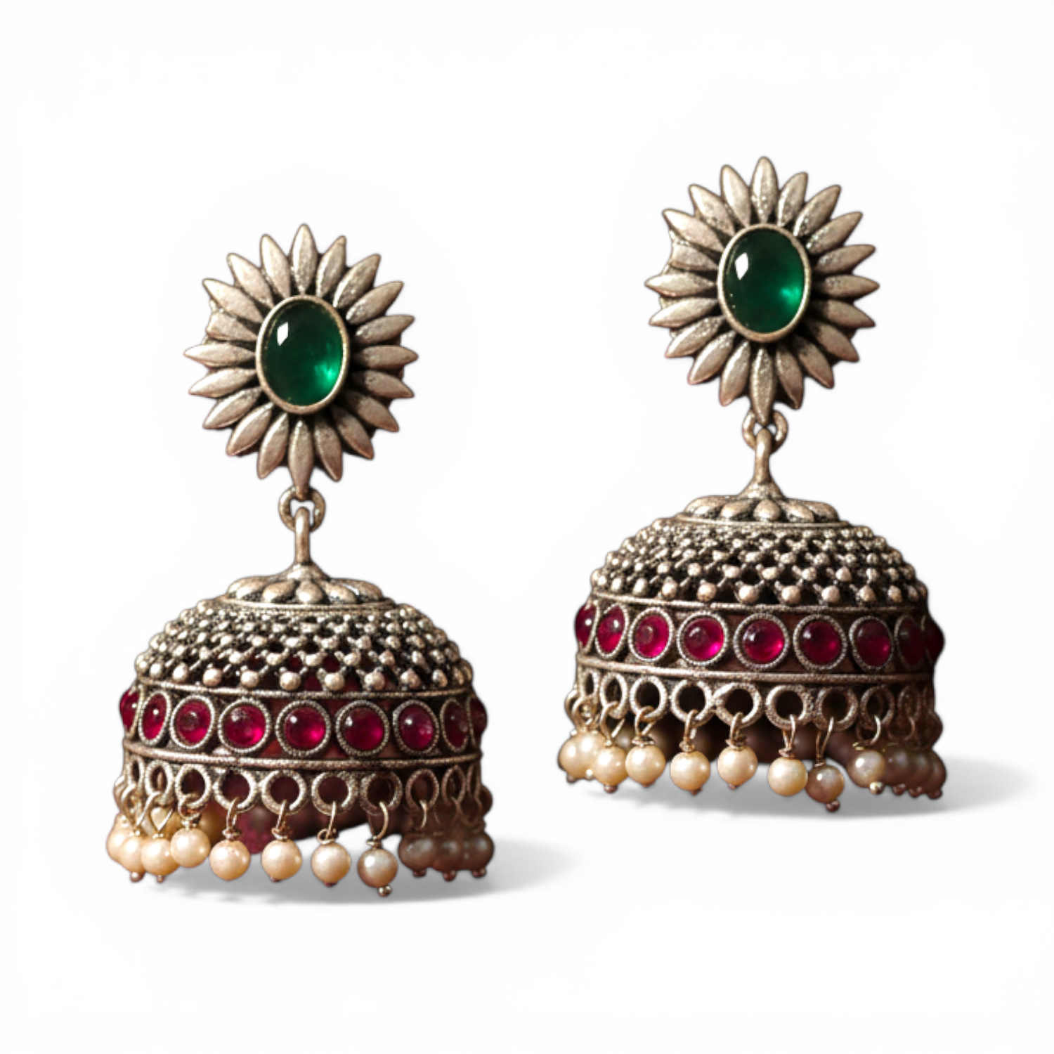 Oxidised Silver Jhumka Earrings with Green Onyx & Ruby Stones
