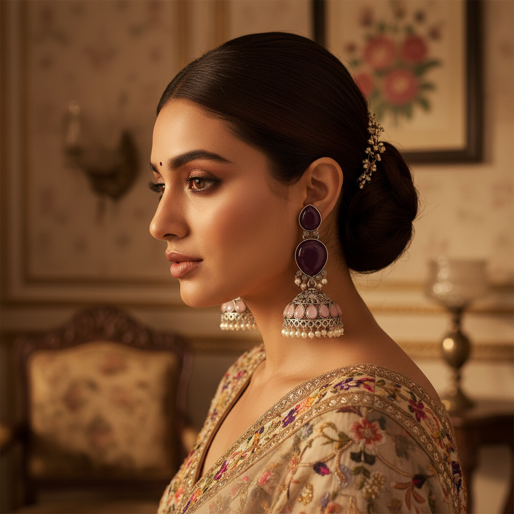 Purple Stone & Pink Jhumka Earrings
