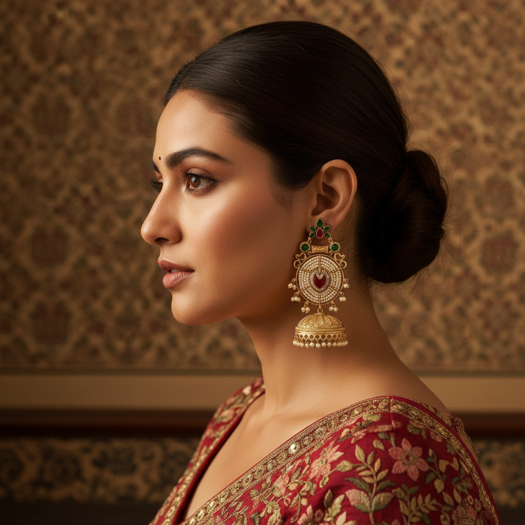 Pearl Kundan Chandbali Jhumka Earrings
