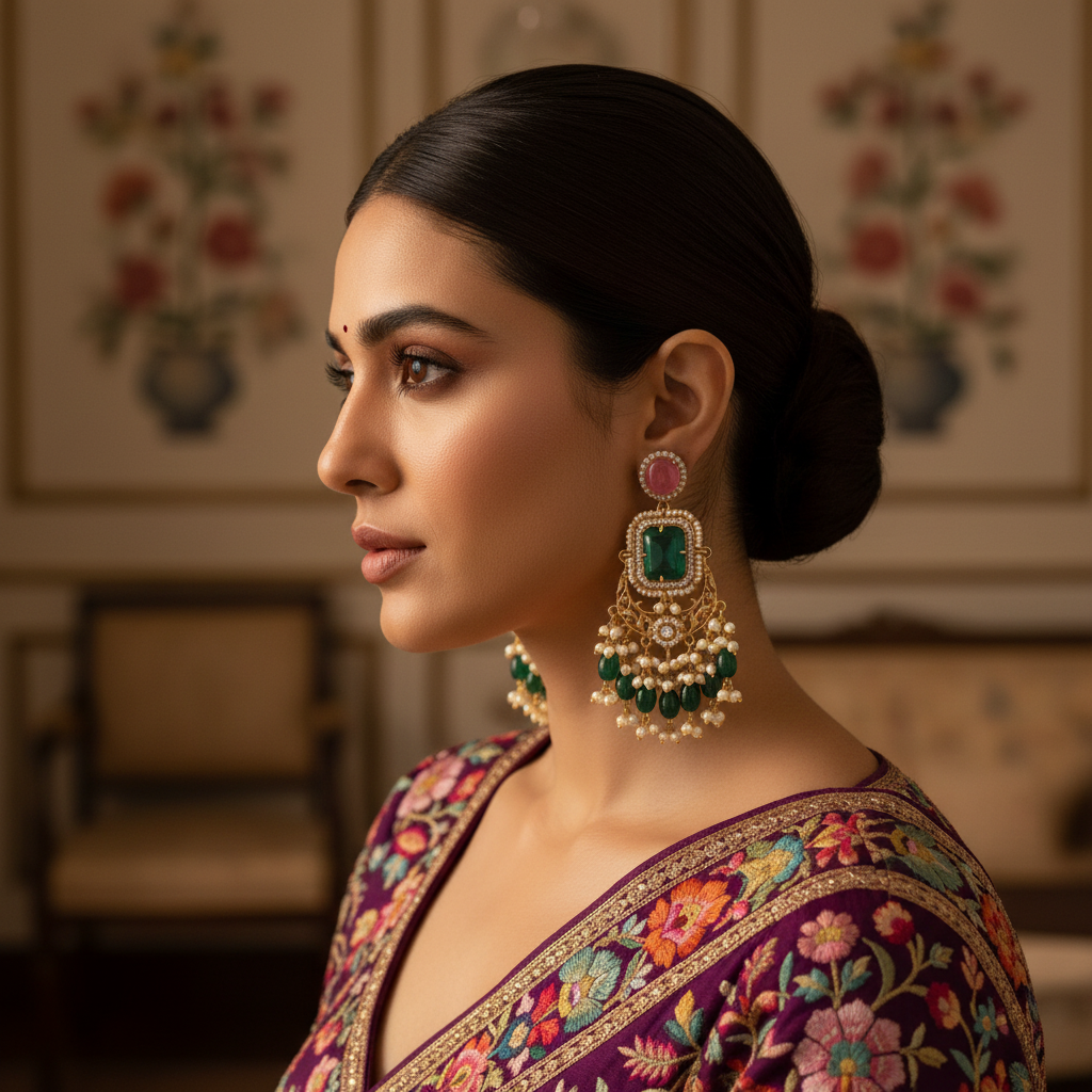 Emerald Green & Pink Stone Chandbali Earrings