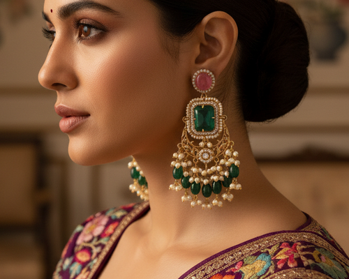 Emerald Green & Pink Stone Chandbali Earrings