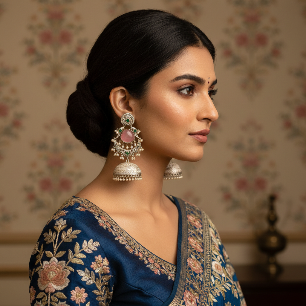 Pink Stone Peacock Chandbali Jhumka Earrings