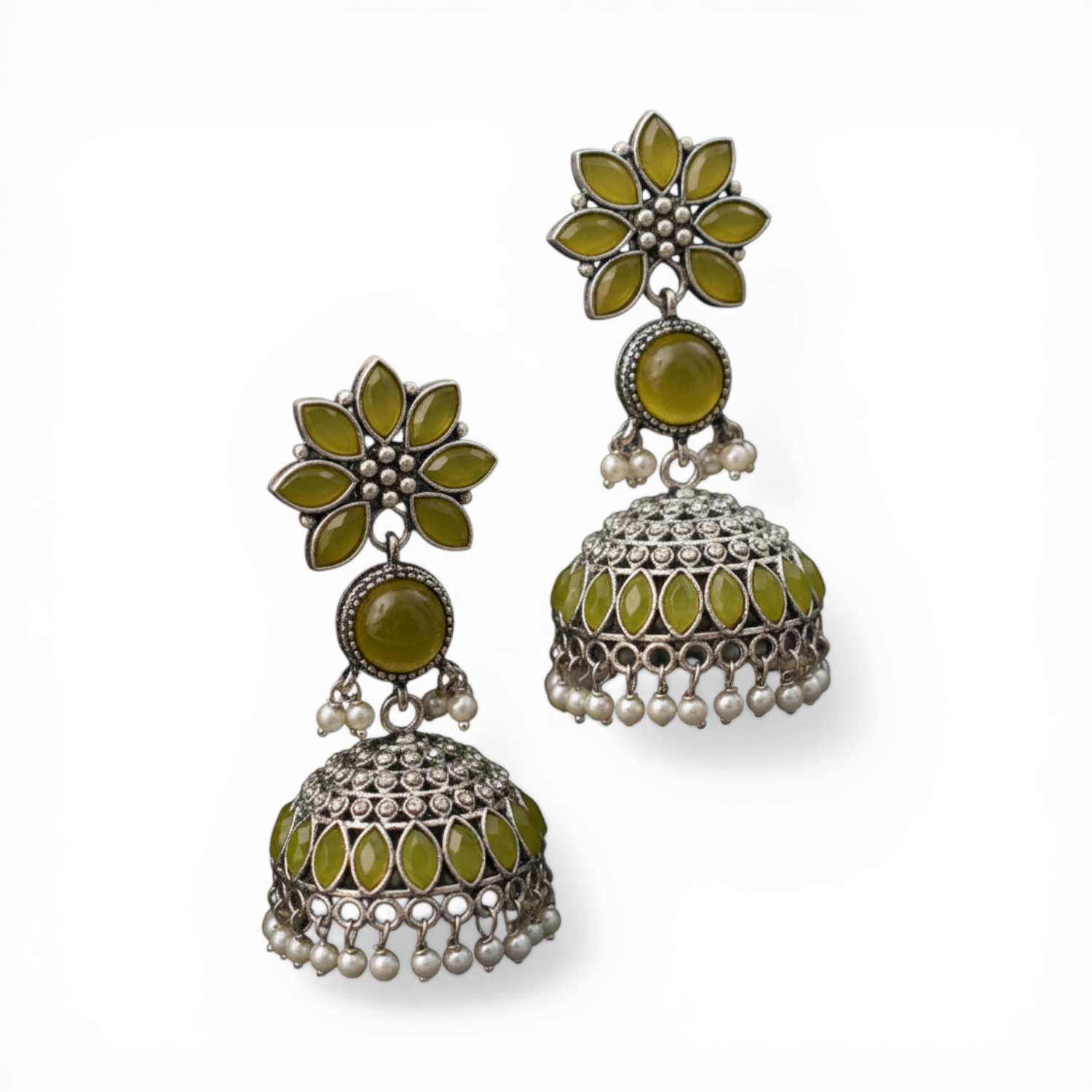 Olive Green Oxidised Silver Jhumka Earrings with Pearl Drops