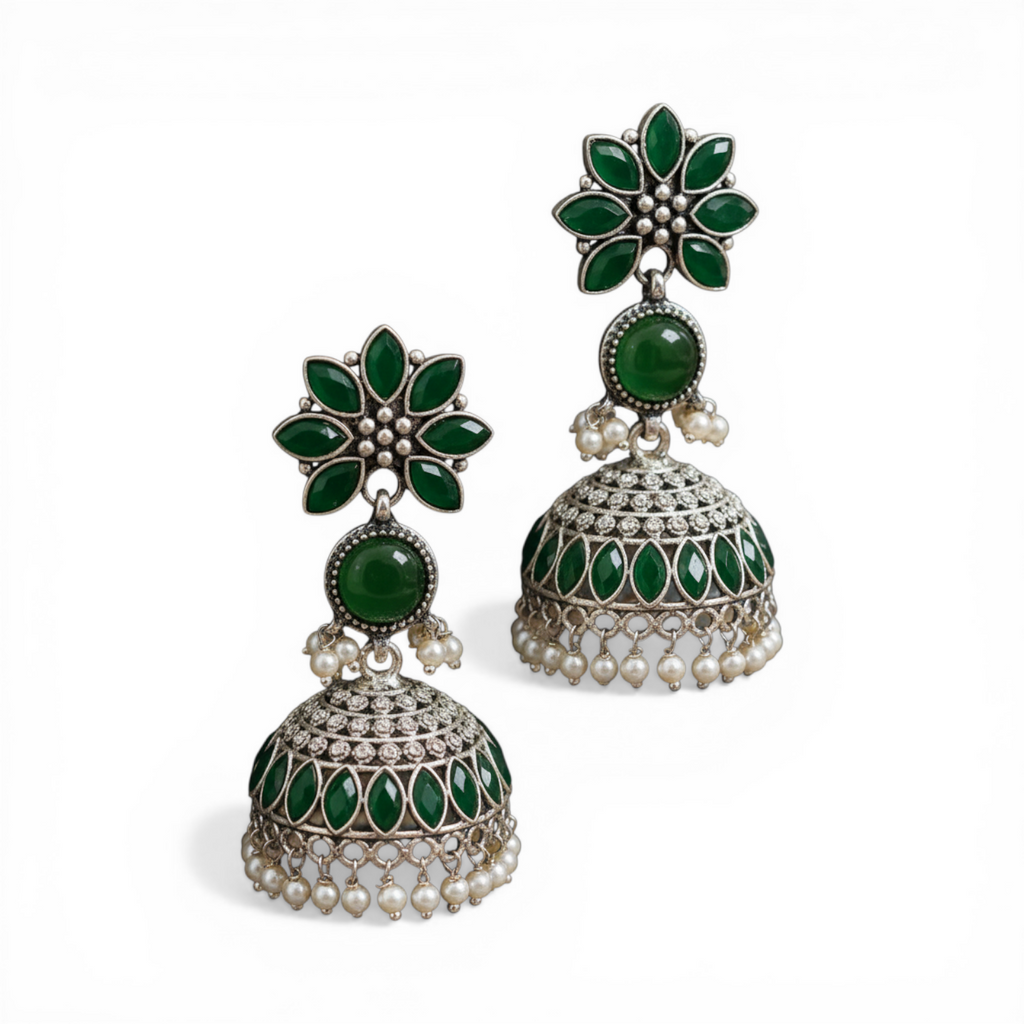 Oxidised Silver Jhumka Green