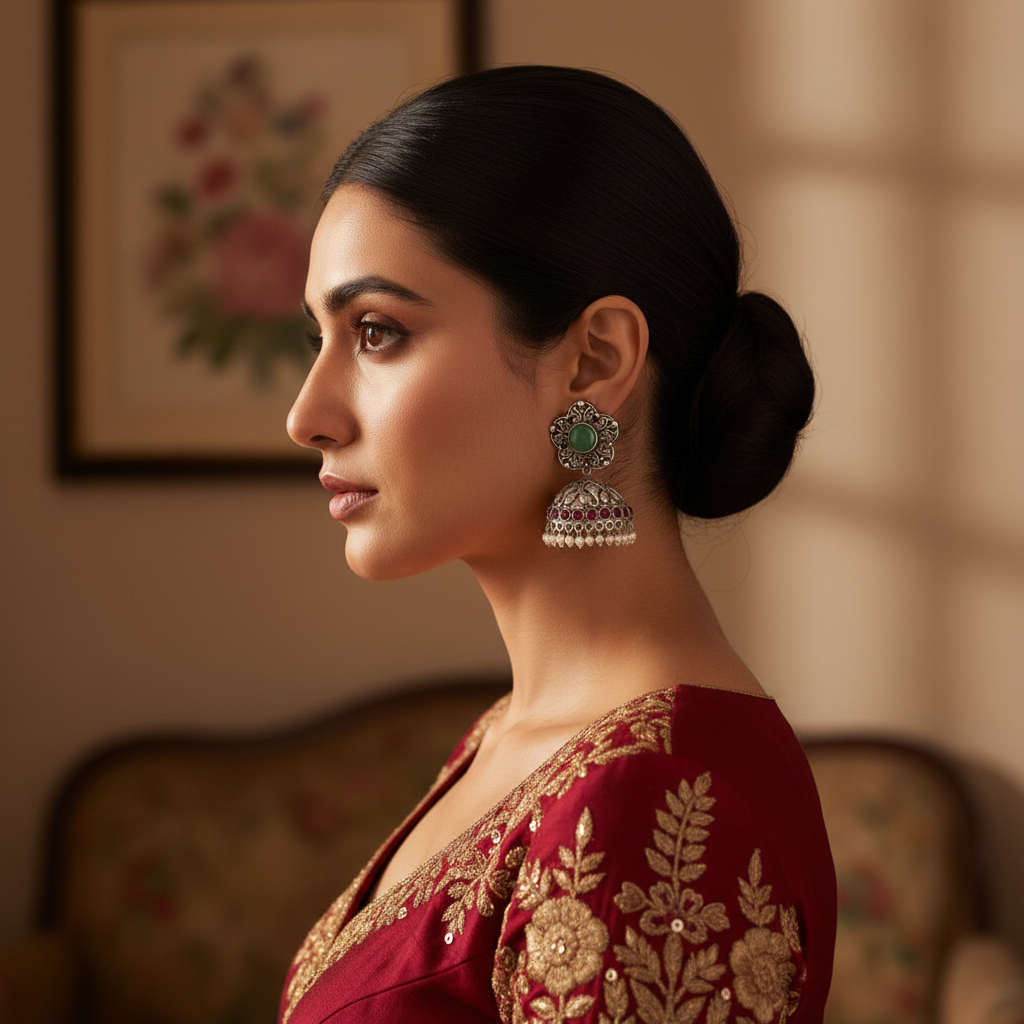 Oxidised Silver Peacock Jhumka Earrings with Mint Stone & Ruby Beads
