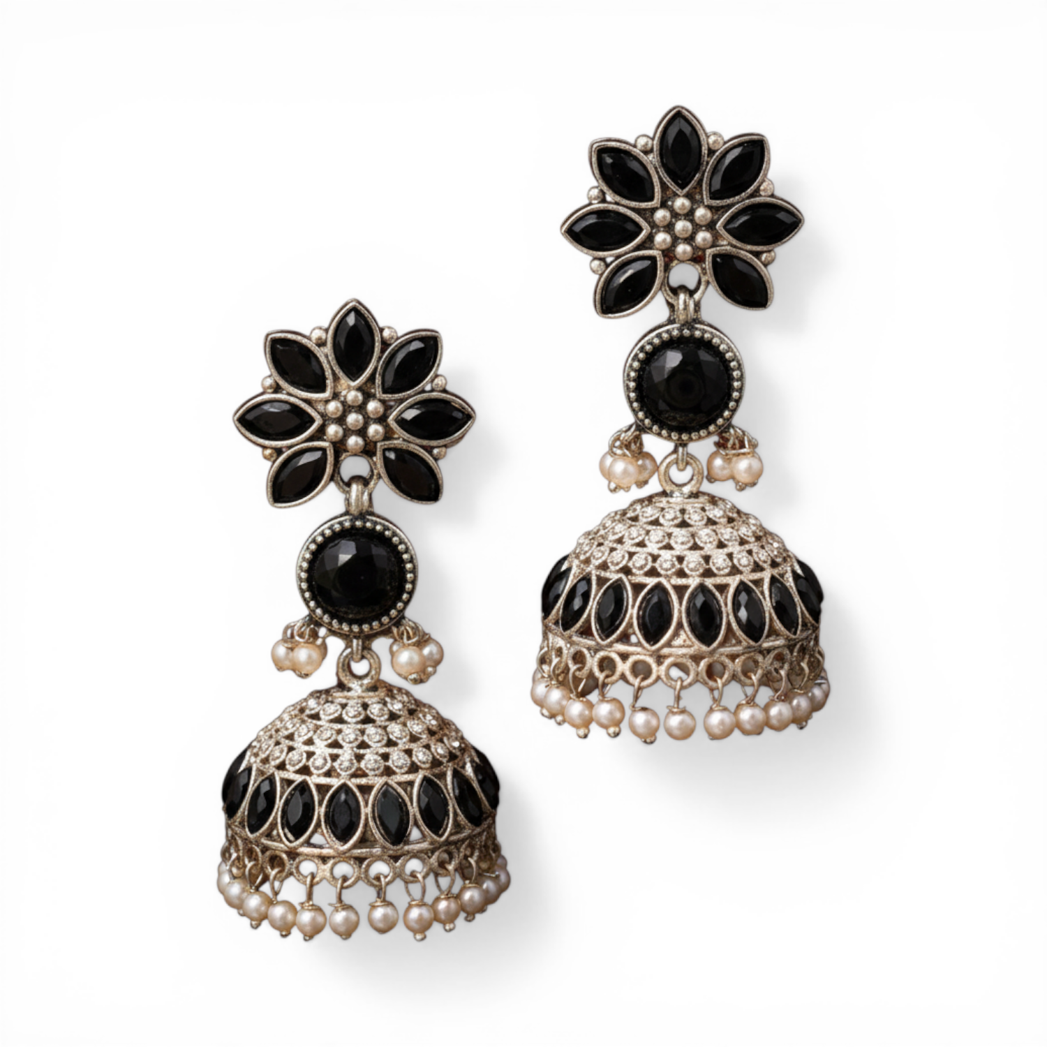 Black Oxidised Silver Jhumka Earrings with Pearl Drops