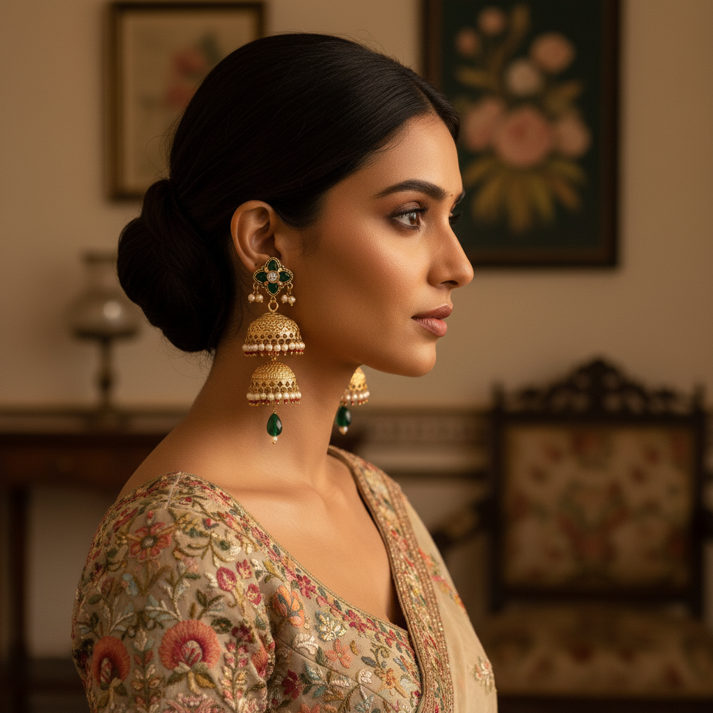 Gold-Toned Double Jhumka Earrings with Emerald Green Stone & Pearl Drops