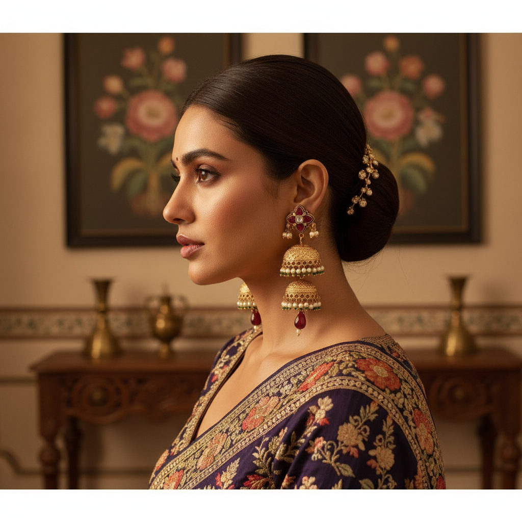 Gold-Toned Double Jhumka Earrings with Ruby Kundan Stud & Ruby Drop