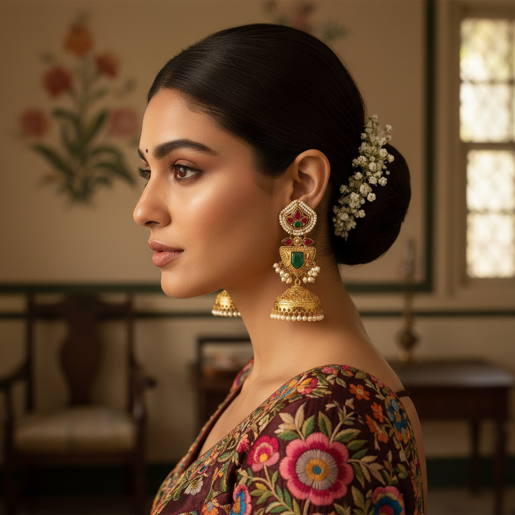 Gold-Toned Jhumka Earrings with Ruby & Emerald Stone Shield Drop
