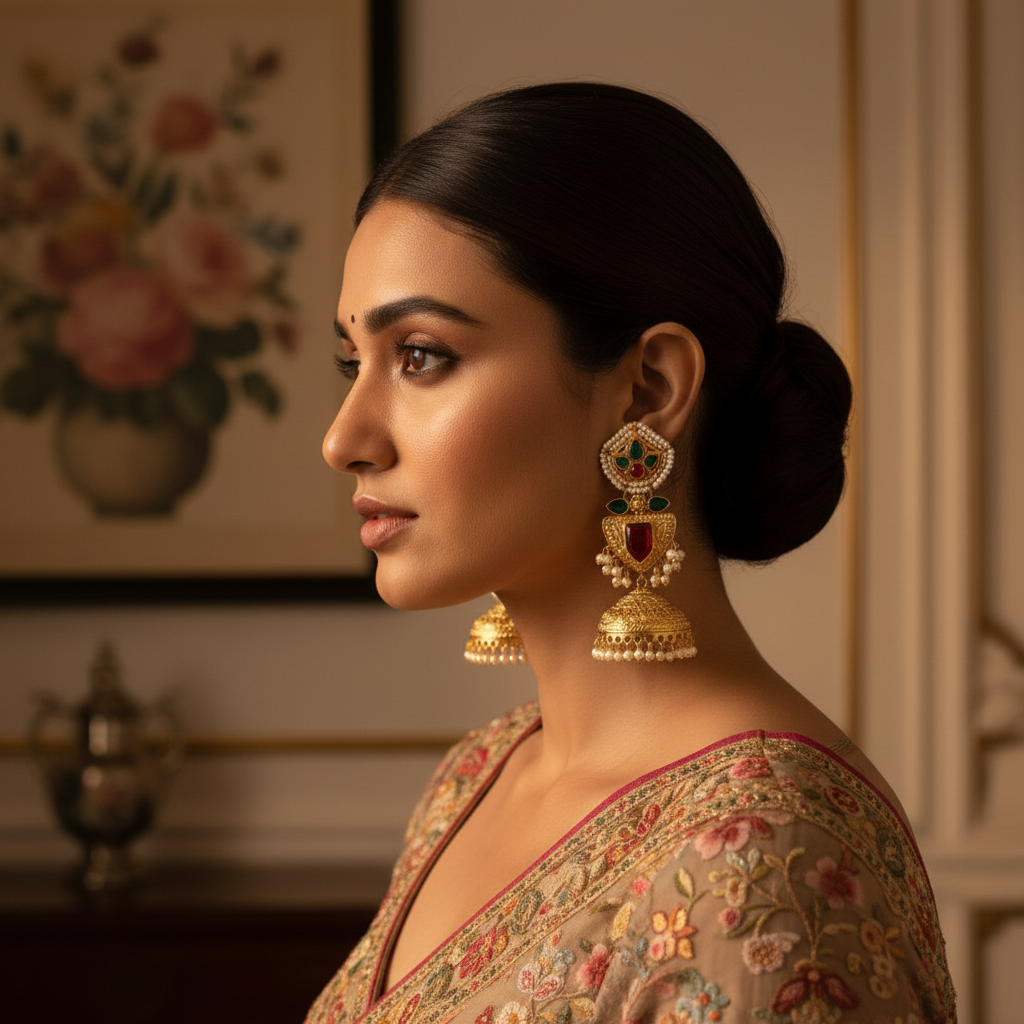 Gold-Toned Layered Jhumka Earrings with Emerald & Ruby Stone Shield Drop