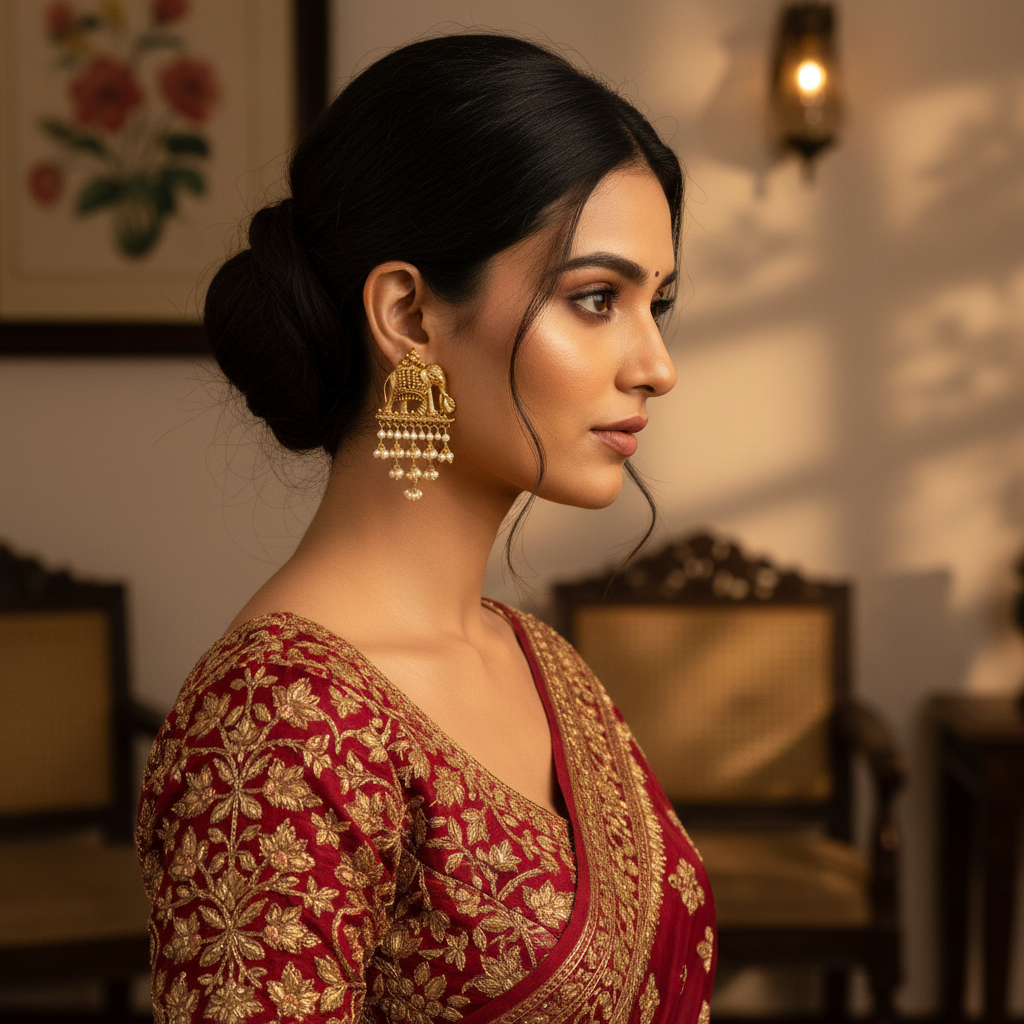 Gold-Toned Temple Elephant Earrings with Cascading Pearl Drops