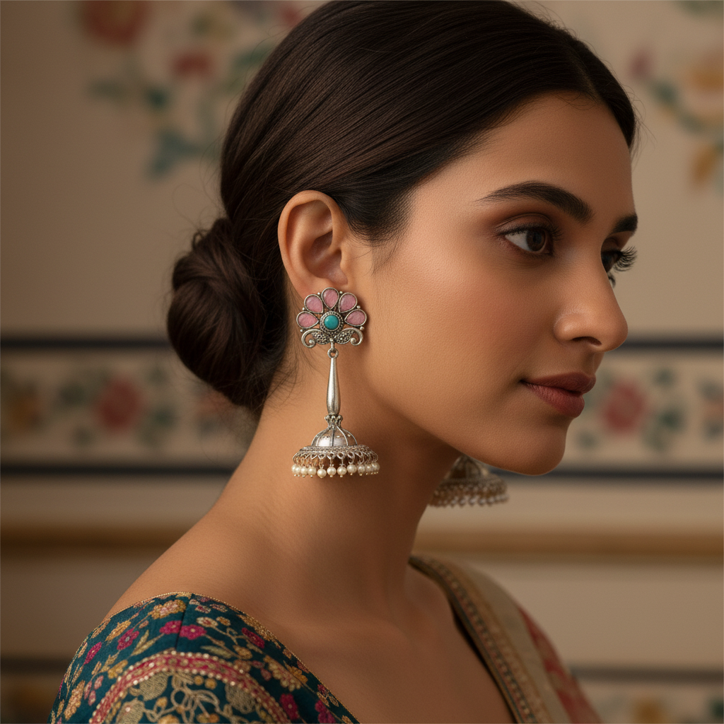 Pink & Turquoise Oxidised Silver Jhumka Earrings with Pearl Drops