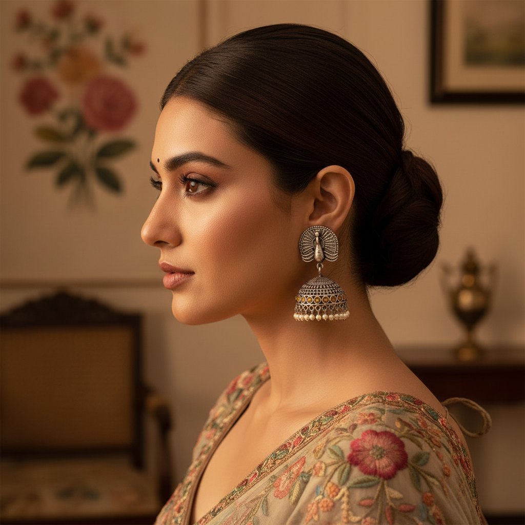 Peacock Oxidised Silver Jhumka Earrings with Amber Stones