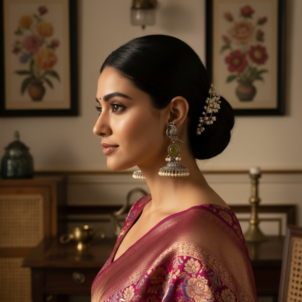 Parrot Oxidised Silver Jhumka Earrings with Green Stone