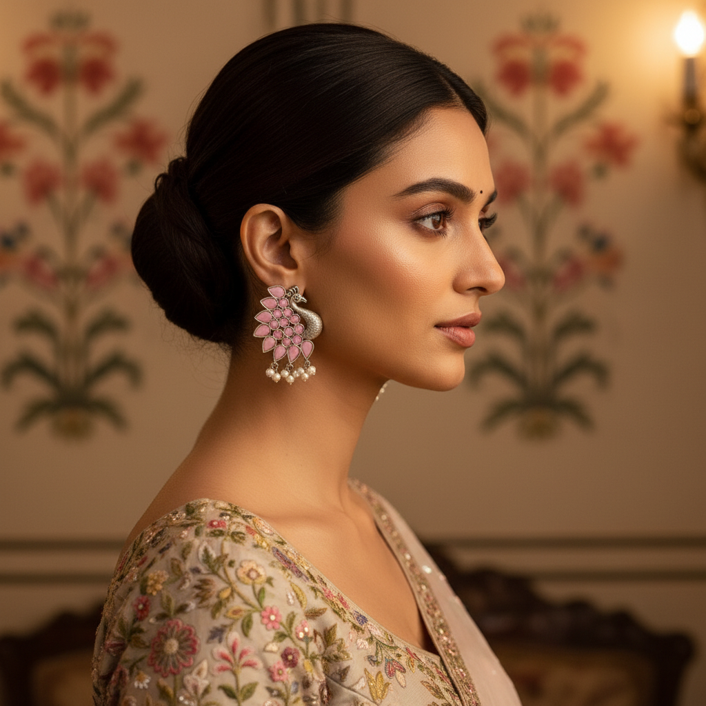 Pink Peacock Oxidised Silver Earrings with Pearl Drops
