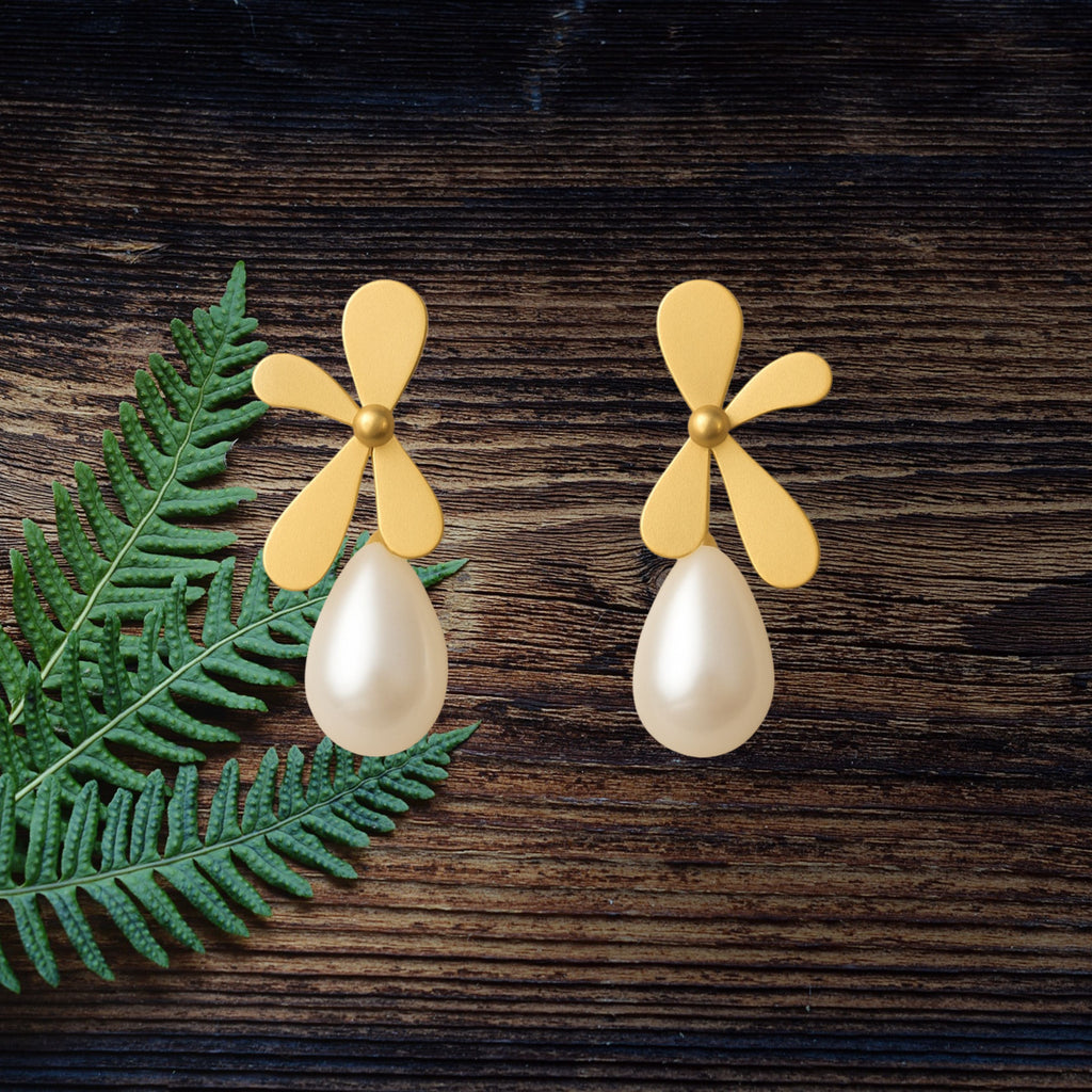 Gold Flower Pearl Drop Earrings, Matte Petal & Teardrop Pearl