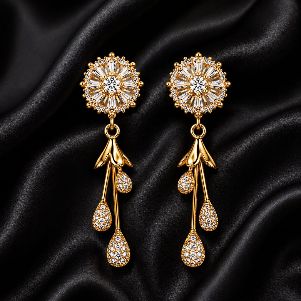 CZ Sunburst & Crystal Teardrop Drop Earrings