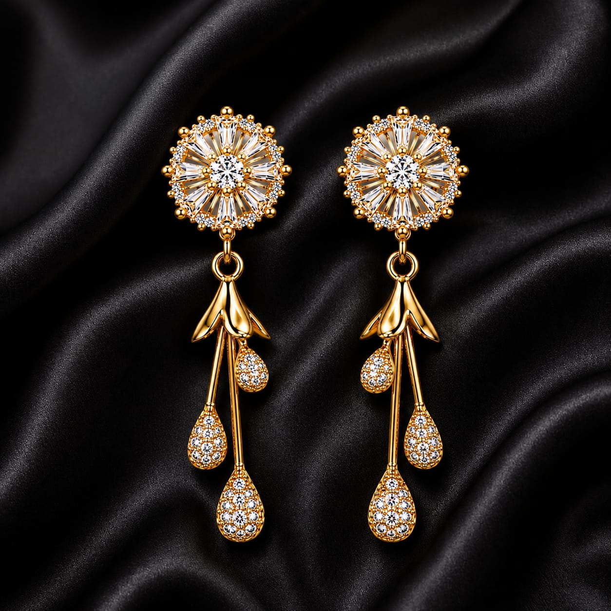 CZ Sunburst & Crystal Teardrop Drop Earrings