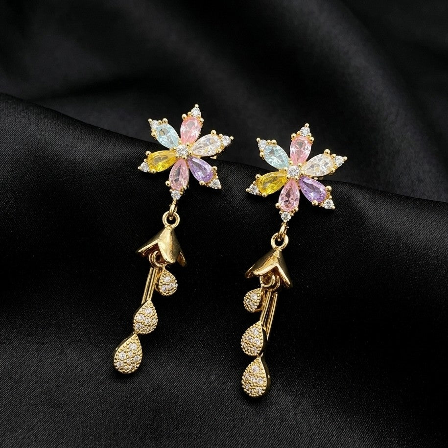 Gold Plated Multicolour Flower Stud Earrings with CZ Teardrop Danglers