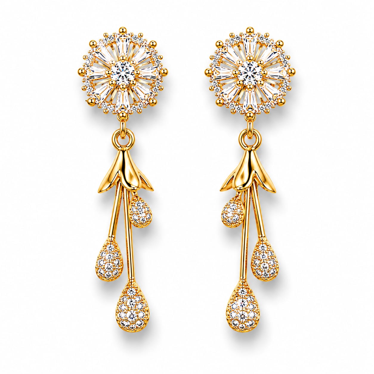 CZ Sunburst & Crystal Teardrop Drop Earrings