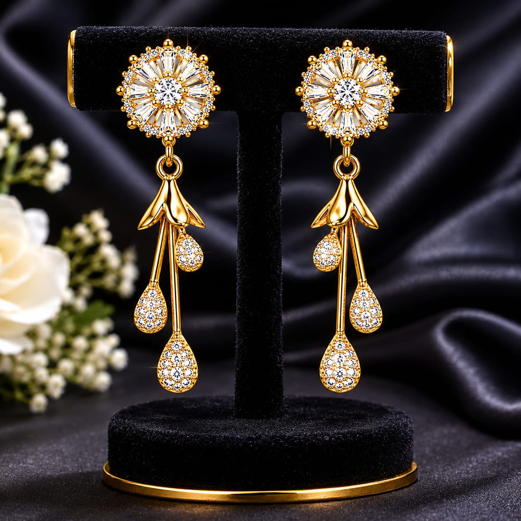 CZ Sunburst & Crystal Teardrop Drop Earrings
