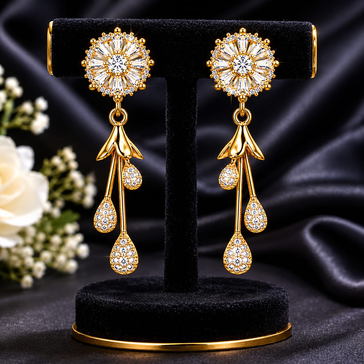 CZ Sunburst & Crystal Teardrop Drop Earrings