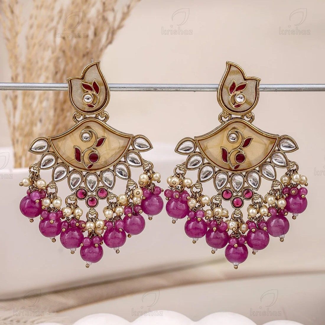 Kundan Chandbali Earrings with Hot Pink Beads & Pearls