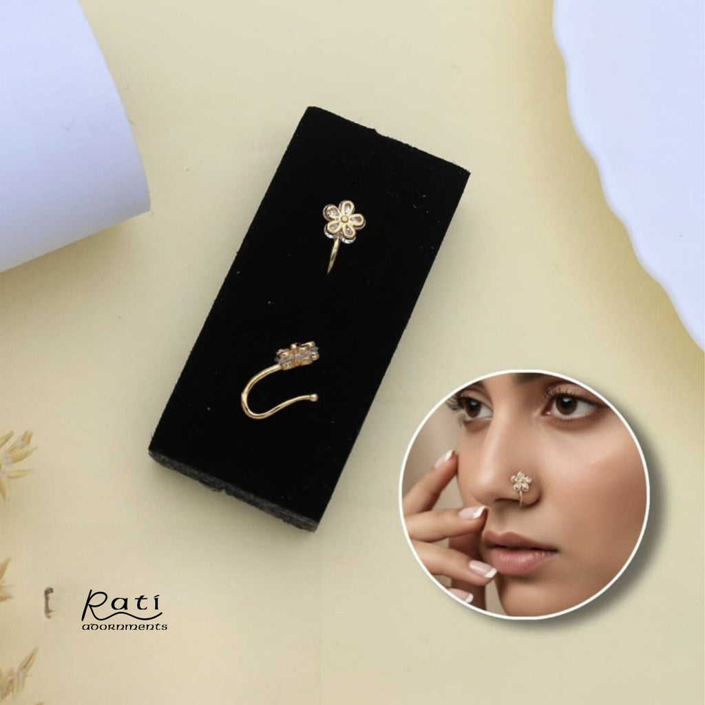 Gold Floral Cluster Nose Pin with Pearl Beads