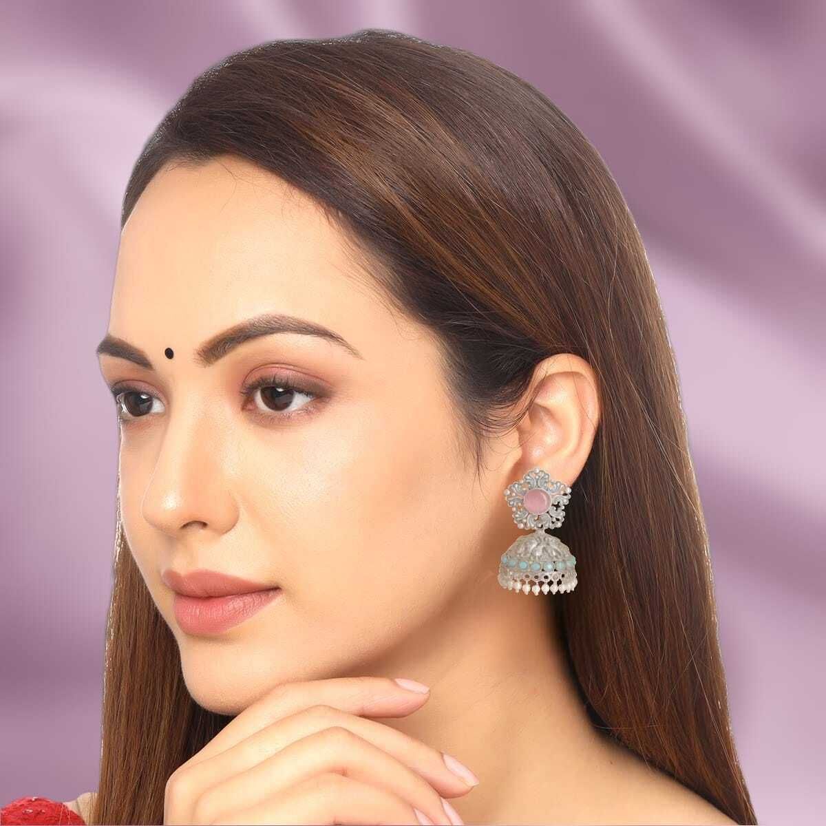 Silver Ganesha Jhumki Earrings with Rose Pink Stone & Turquoise Drops
