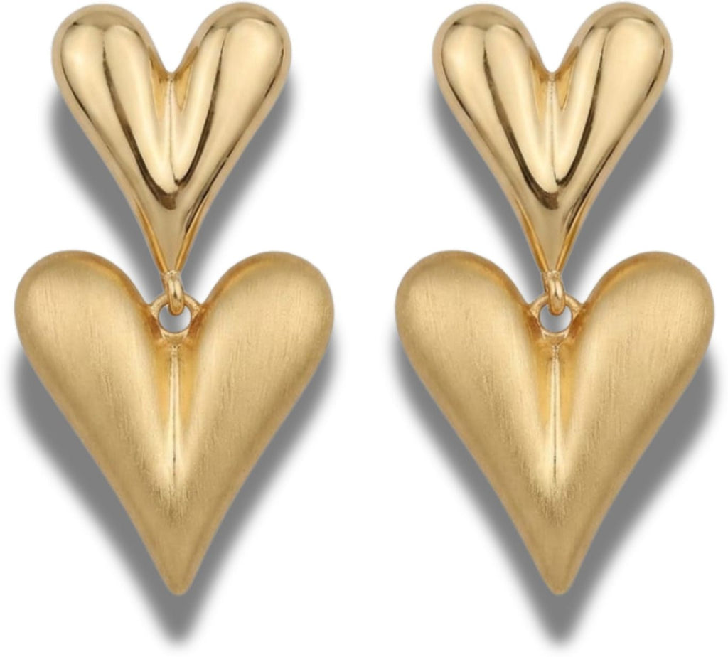 Gold Double Heart Drop Earrings