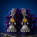 Oxidised Silver Parrot Jhumka Earrings with Yellow Stone & Pearl Drops