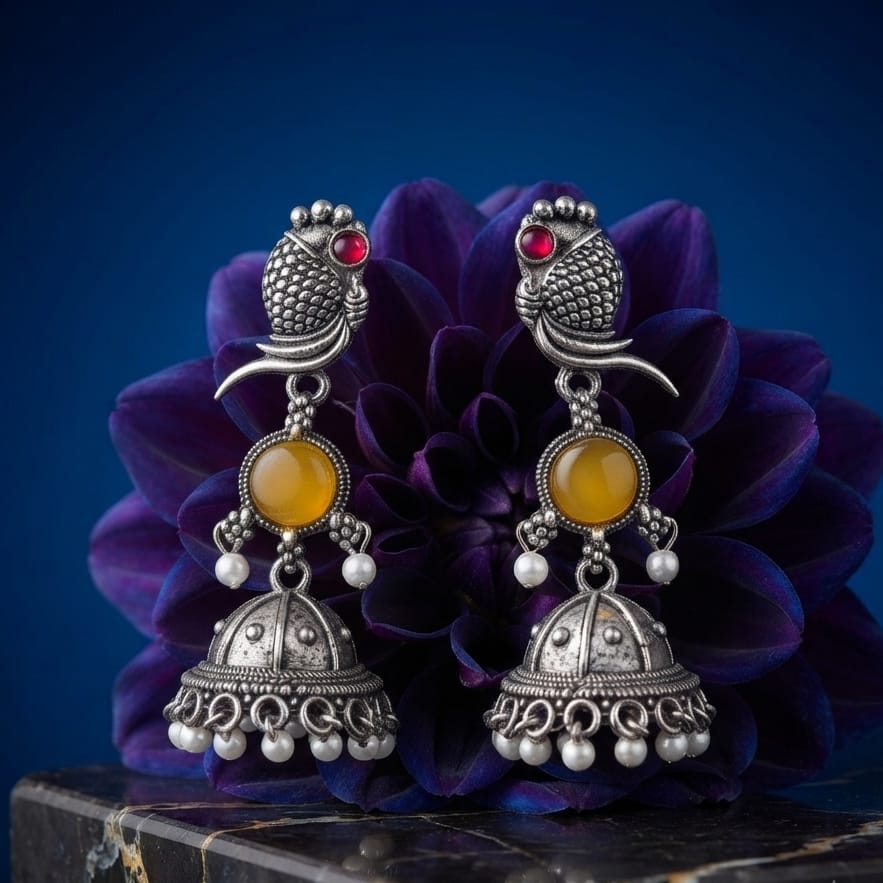 Oxidised Silver Parrot Jhumka Earrings with Yellow Stone & Pearl Drops