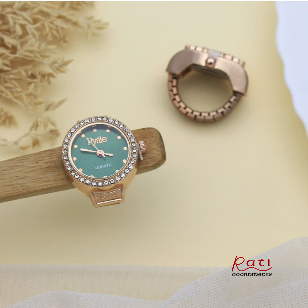 Rose Gold CZ Bezel Quartz Ring Watch – Teal Dial